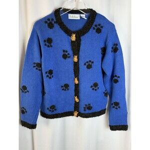 Vintage BellePointe Woven Royal Blue And Black Car Print Sweater Sz Small
